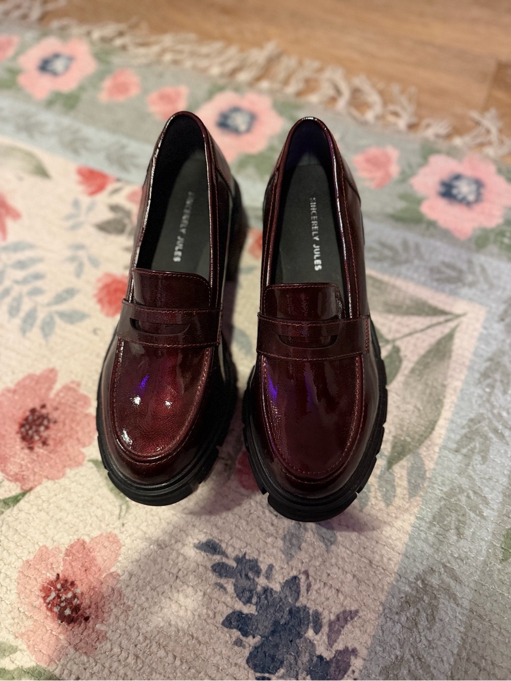 Sincerely Jules Women's Burgundy Patent Penny Loafers with Lug Sole